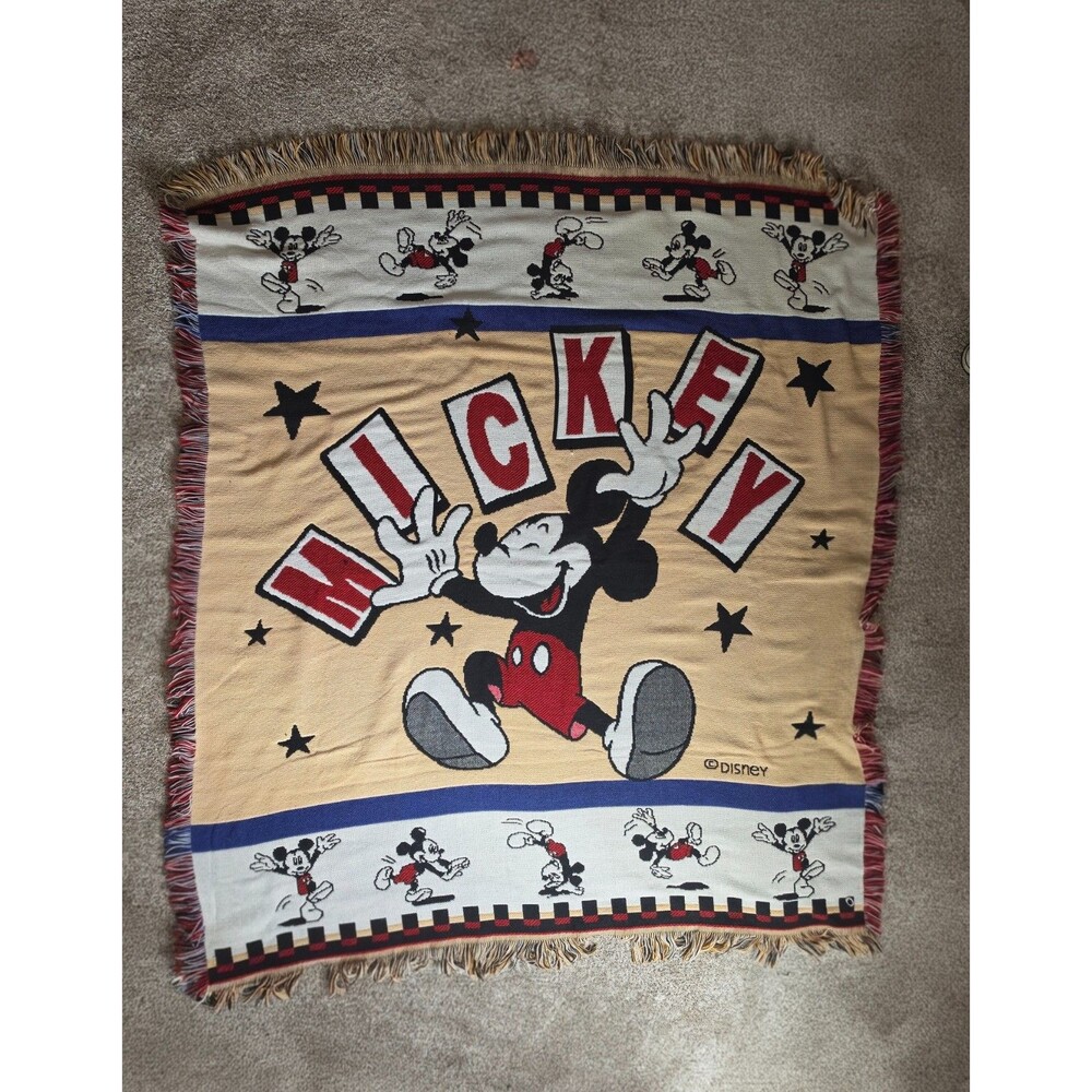 Vintage Disney Beacon Mickey Mouse Fringe Pop Art Tapestry Throw Blanket 54x48
